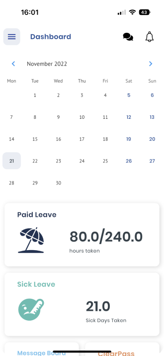 HealthBoxHR Mobile App Dashboard Calendar