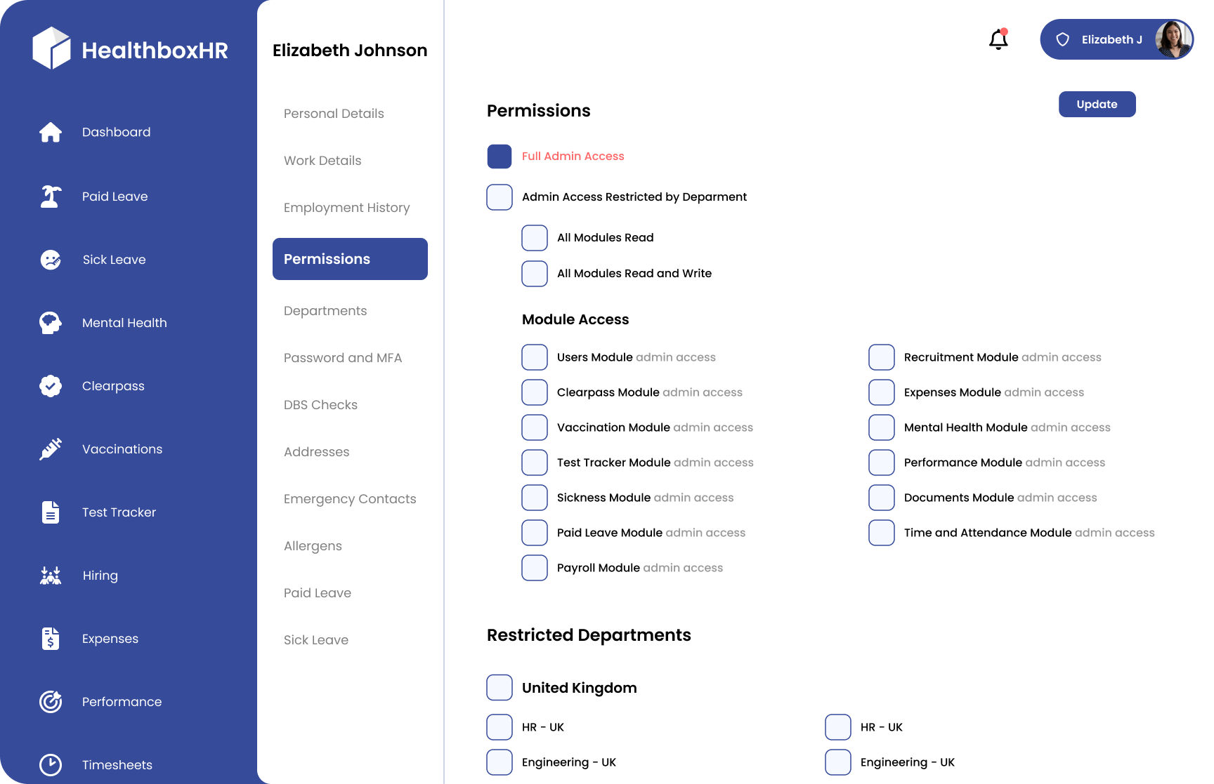 HealthBoxHR Web App Dashboard Roles